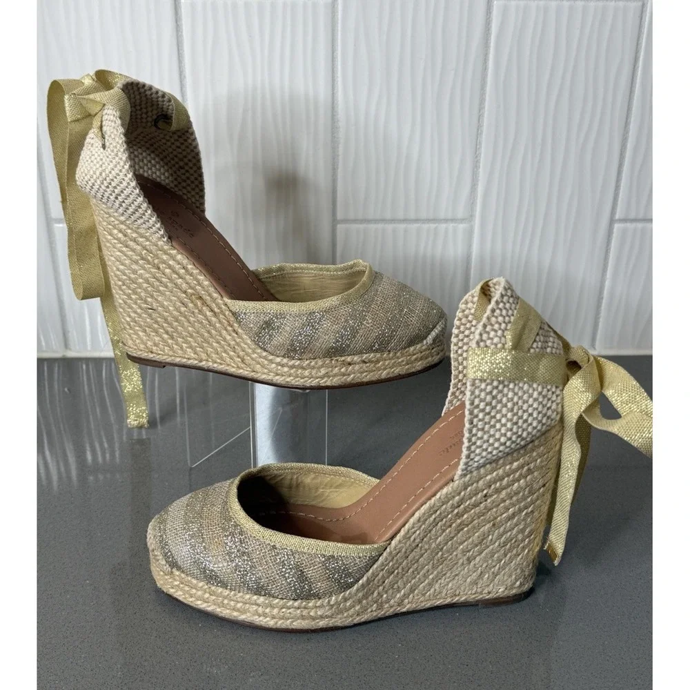 Kate Spade Gold Tan Espadrille Wedge Ankle Tie Sandals Shoes Women's Size 8M EUC